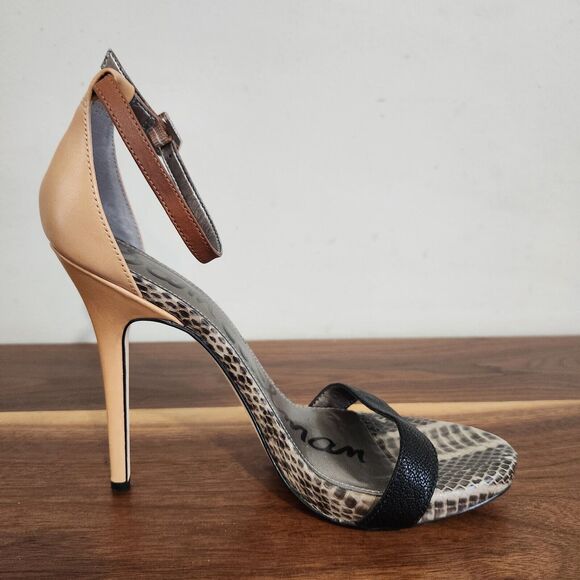 Sam Edelman Eleanor Heel Women 8.5 Ankle Strap Snakeskin Tan Leather Buckle Shoe - Picture 3 of 11